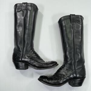 M L Leddy Ostrich Leather Boots Womens 6.5/7 Black Tall Classic Cowboy Ranch